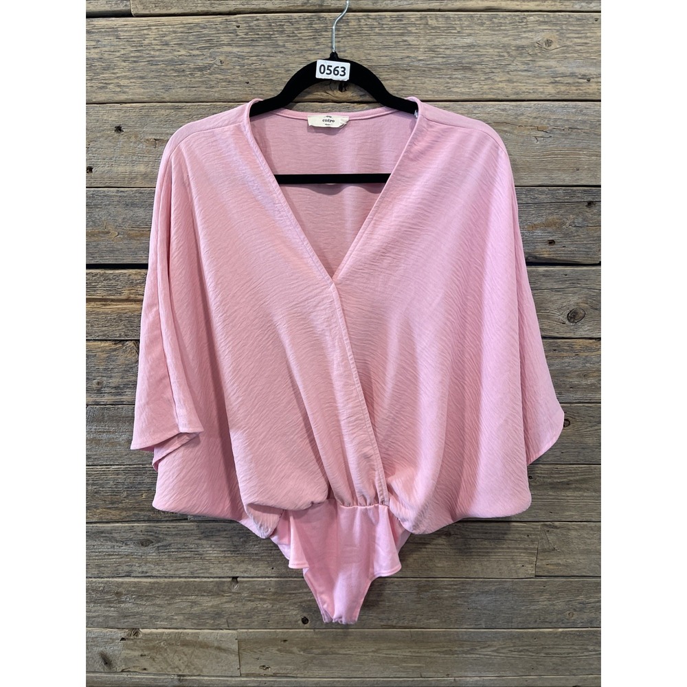 Entry Women's Pink‎ Body Suit Blouse Size Small Faux Wrap V Neck Flared Sleeves